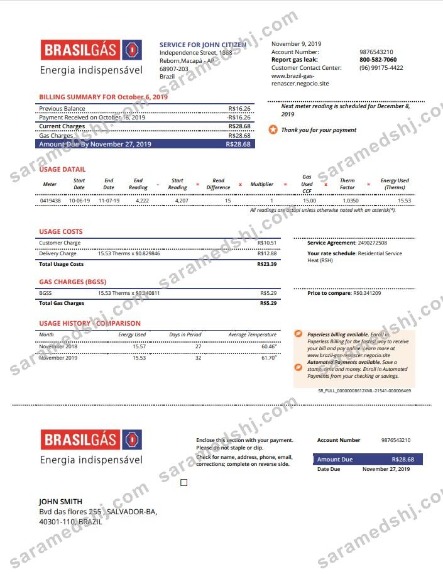 Brazil Gas utility bill template in Word and PDF format